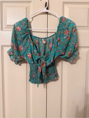Teal Floral Puff-Sleeve Tie-Front Blouse